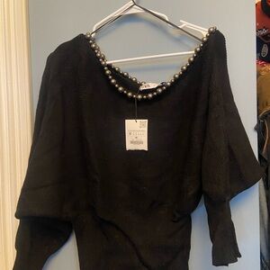 NWT Zara Black Off-Shoulder Pearl-Trim Sweater